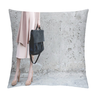 Personality  Girl In Pink Look, With Black Leather Bag, Pose On The Concrette Background. Fashion And Stylish Concept. Pillow Covers