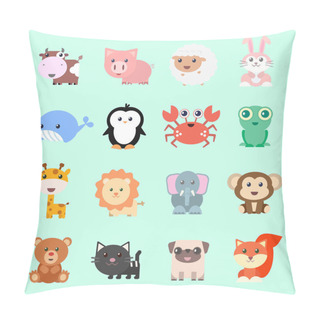 Personality  Set Of Vector Funny Animals In Cartoon Style. Cute Animals On Color Background. A Collection Of Small Animals In The Children's Style.  Pillow Covers