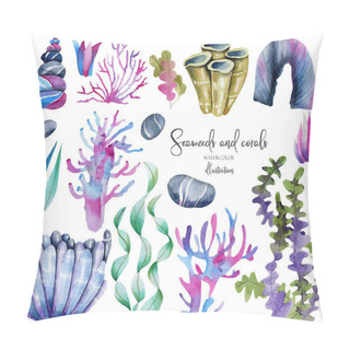 Personality  Watercolor Seaweeds And Sea Stones Colllection, Hand Painted Isolated On A White Background Pillow Covers