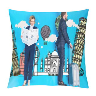 Personality  Smiling Businesswoman Reading Newspaper While Businessman Holding Baggage On Blue Background With Buildings, Clouds And Air Balloons Illustration Pillow Covers