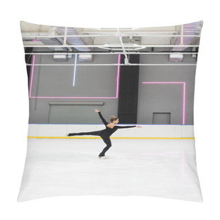 Personality  Full Length Of Young Woman In Black Bodysuit With Outstretched Hands Figure Skating In Professional Ice Arena Pillow Covers