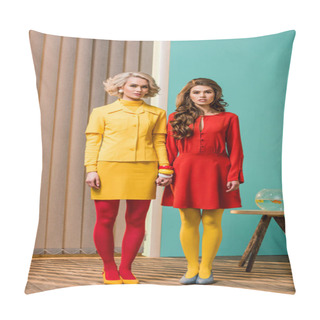 Personality  Women In Bright Retro Styled Clothing Holding Hands At Colorful Apartment, Doll House Concept Pillow Covers