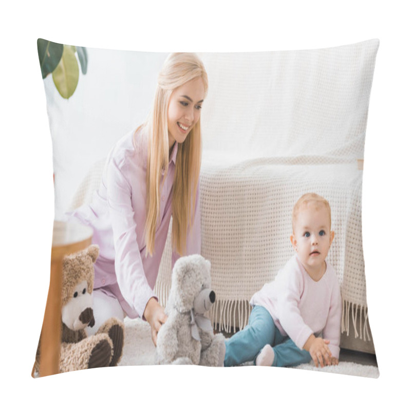 Personality  young woman with cute daughter playing toys on carpet pillow covers