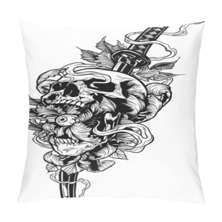 Personality  Detailed Graphic Human Skull With Katana Sword Pillow Covers
