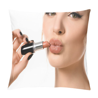 Personality  Close Up View Of Beautiful Woman Holding Beige Lipstick Near Lips Isolated On White Pillow Covers