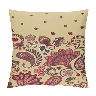 Personality  Border Indian Floral Paisley Patten. Seamless Ornament Print. Ethnic Mandala Towel. Vector Henna Style. Vinous On Beige Pillow Covers
