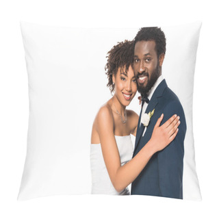 Personality  Cheerful African American Bridegroom And Bride Hugging And Looking At Camera Isolated On White  Pillow Covers