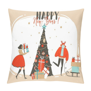 Personality  Hand Drawn Vector Abstract Fun Merry Christmas Time Cartoon Illustration Greeting Card With Group Of People ,surprise Gift Boxes,Christmas Tree And Xmas Calligraphy Isolated On Craft Background Pillow Covers