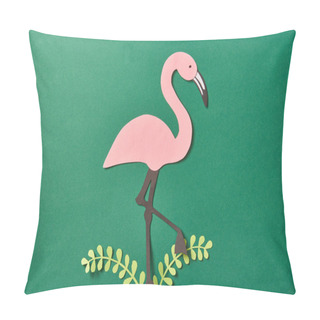 Personality  Top View Of Paper Cut Leaves And Pink Flamingo On Green Background Pillow Covers