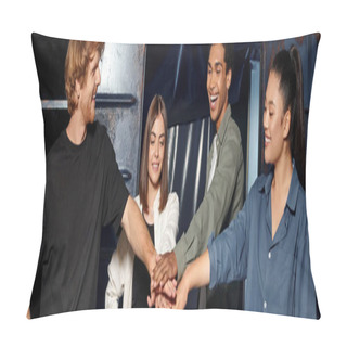 Personality  Young Multicultural Group Of Friends Stacking Hands While Having Quest In Escape Room, Banner Pillow Covers