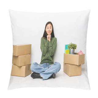 Personality  Young Chinese Woman Moving To A New Home Keeps Hands Under Chin, Is Looking Happily Aside. Pillow Covers