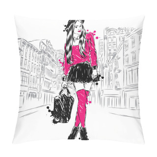 Personality  Girl On A City Street. Hipster. Vector Illustration. Pillow Covers