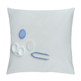 Personality  Top View Of Contact Lenses Container And Tweezers On White Backdrop Pillow Covers