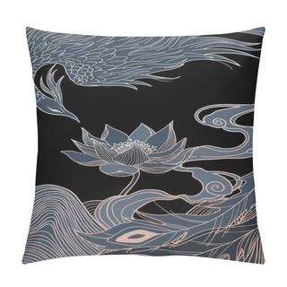 Personality   Abstract Illustration Of Mythological Bird Phoenix Fenghuang And Lotus, Black And Gold Pillow Covers