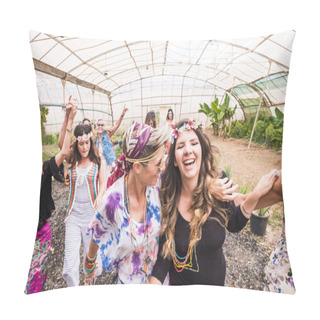 Personality  Young Women And Girls In Friendship All Together Celebrating And Having Fun In A Bio Natural Place. Smiles And Laughing For Group Of Hippies People Alternative Concept Lifestyle Pillow Covers