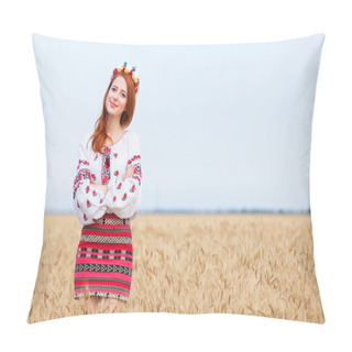 Personality  Redhead Girl In National Ukrainian Clothes On The Wheat Field. Pillow Covers