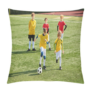Personality  A Group Of Young Boys Playing An Intense Game Of Soccer On A Grassy Field. They Are Running, Kicking The Ball, And Cheering Each Other On As They Compete In A Friendly Yet Competitive Match. Pillow Covers