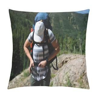 Personality  Female Hiker Putting On Backpack And Getting Ready For Hike Pillow Covers