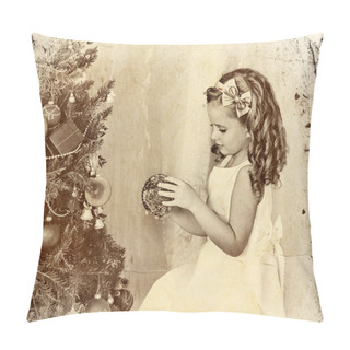 Personality  Child Decorate Christmas Tree . Old Photo On Yellow Paper. Pillow Covers