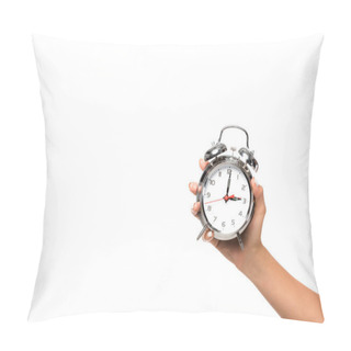 Personality  Partial View Of Woman Holding Alarm Clock, Isolated On White Pillow Covers