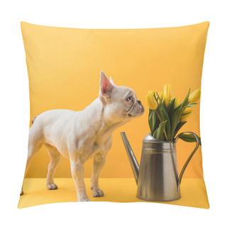 Personality  Dog Sniffing Beautiful Yellow Tulips In Watering Can On Yellow Pillow Covers