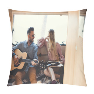 Personality  Musician Playing On Acoustic Guitar While Girl Looking At Him And Holding Vinyl Record Inside Campervan   Pillow Covers