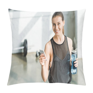 Personality  Attractive Fit Sportswoman Holding Sport Bottle With Water And Using Smartphone At Sports Center Pillow Covers