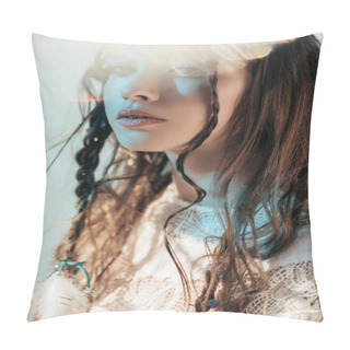 Personality  Tender Girl With Braids In Hairstyle Posing In White Boho Dress On Grey With Lens Flares  Pillow Covers