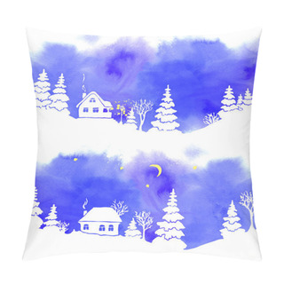 Personality  A Set Of Two Hand-painted Blue Watercolor Landscapes With White Silhouettes Of Fir Trees, Houses, Moon, Stars And Lantern. Border Is Seamless, If Both Joined Together. Vector Illustration. Pillow Covers