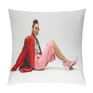 Personality  Confident African American Woman In Stylish Attire And Pink Sunglasses Sitting On Grey Backdrop Pillow Covers
