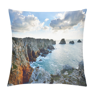 Personality  Aerial View Of The Rocky Shore Of Pointe De Pen-Hir, Cliffs Close-up. Cloudy Blue Sky, Azure Water, Stormy Waves. Dramatic Cloudscape. Crozon Peninsula, Brittany, France Pillow Covers