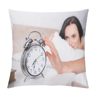 Personality  Classic Alarm Clock And Blurred Young Brunette Woman In Bed On Background Pillow Covers