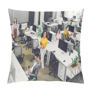 Personality  High Angle View Of Multiracial Young Businesspeople Working With Computers And Documents In Open Space Office  Pillow Covers