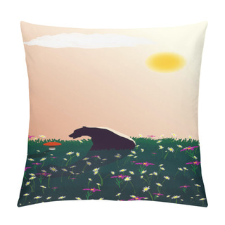 Personality  A Pensive Bear Sits On The Lawn And Looks At A Growing Red Mushroom. Contemplation Of The Beautiful. There Are Many Flowers In The Meadow. The Sun Is Shining In The Sky. Vertical Vector Illustration. Pillow Covers