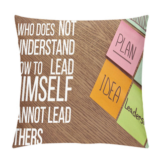 Personality  Top View Of Paper Stickers With Words Plan, Idea And Leadership On Wooden Tabletop With 