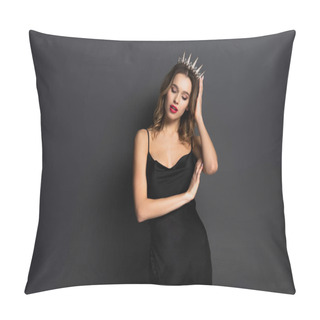 Personality  Young Woman In Black Slip Dress Adjusting Tiara With Diamonds On Grey Pillow Covers