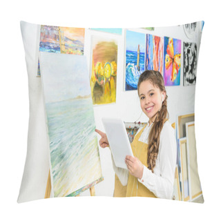 Personality  Smiling Child Standing With Tablet In Workshop Of Art School And Pointing On Canvas Pillow Covers