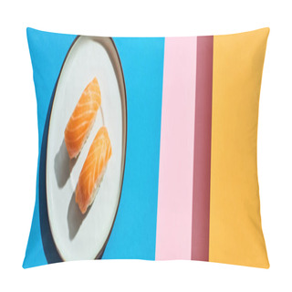 Personality  Top View Of Fresh Nigiri With Salmon On Blue, Pink, Orange Background, Panoramic Shot Pillow Covers