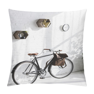 Personality  Black Bicycle With Bag Near White Brick Wall In Office Pillow Covers