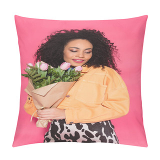 Personality  Curly African American Woman Holding Bouquet Of Flowers Isolated On Pink  Pillow Covers