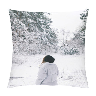 Personality  Rear View Of Woman Walking In Snowy Forest Pillow Covers