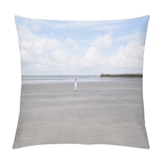 Personality  Tiny Woman Runs Open Arms Along The Beach To The Sea, High Quality Photo Pillow Covers