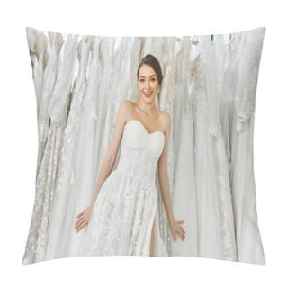 Personality  A Young Brunette Bride Stands Surrounded By A Rack Of Dresses In A Wedding Salon, Looking For Her Perfect Gown. Pillow Covers