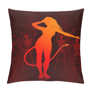 Personality  Sexy Devil Woman On Dark Internet Background With Skeletons Pillow Covers
