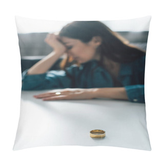 Personality  Selective Focus Of Golden Ring On Coffee Table Near Depressed Woman, Divorce Concept  Pillow Covers