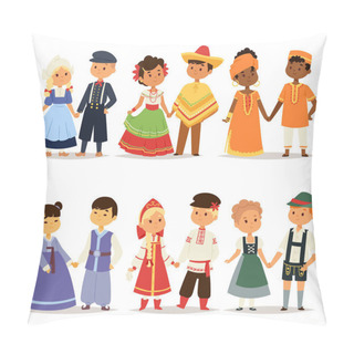 Personality  Traditional Kids Couples Character Of World Dress Girls And Boys In Different National Costumes And Cute Little Children Nationality Dress Vector Illustration. Pillow Covers