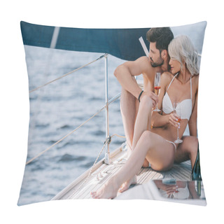 Personality  Young Couple In Swimwear Sitting With Champagne Glasses On Yacht  Pillow Covers