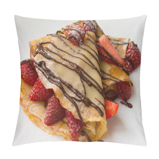 Personality  Pancakes With Strawberries, Topped  Chocolate.White Background. Top View Pillow Covers