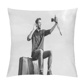 Personality  Travel Blogger. Handsome Guy Traveler Retro Camera. Travel With Luggage. Shooting Vlog. Vacation Time. Guy Outdoors With Vintage Suitcase. Photojournalist Concept. Travel Blog. Man Sit On Suitcase Pillow Covers