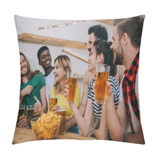Personality   Multicultural Friends With Beer And Chips Watching Soccer Match And Talking At Bar  Pillow Covers
